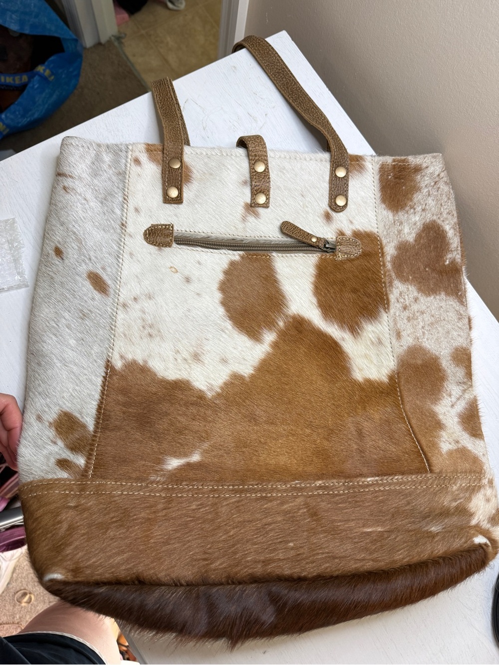 MYRA MESA TRAIL HAIRON TOTE BAG RUSTIC COWHIDE DESIGN, BROWN LEATHER HANDLES - Picture 11 of 14